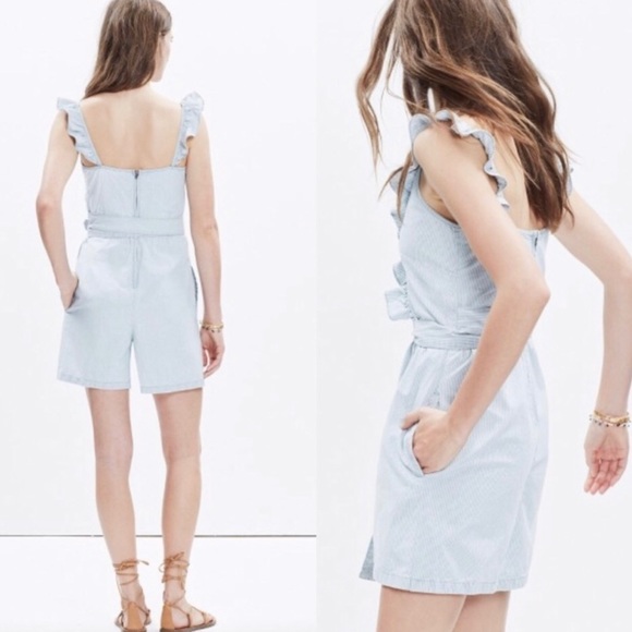 Madewell Blue & White Striped Surplus Ruffle Neckline Short Romper Playsuit SZ 2 - Picture 2 of 15